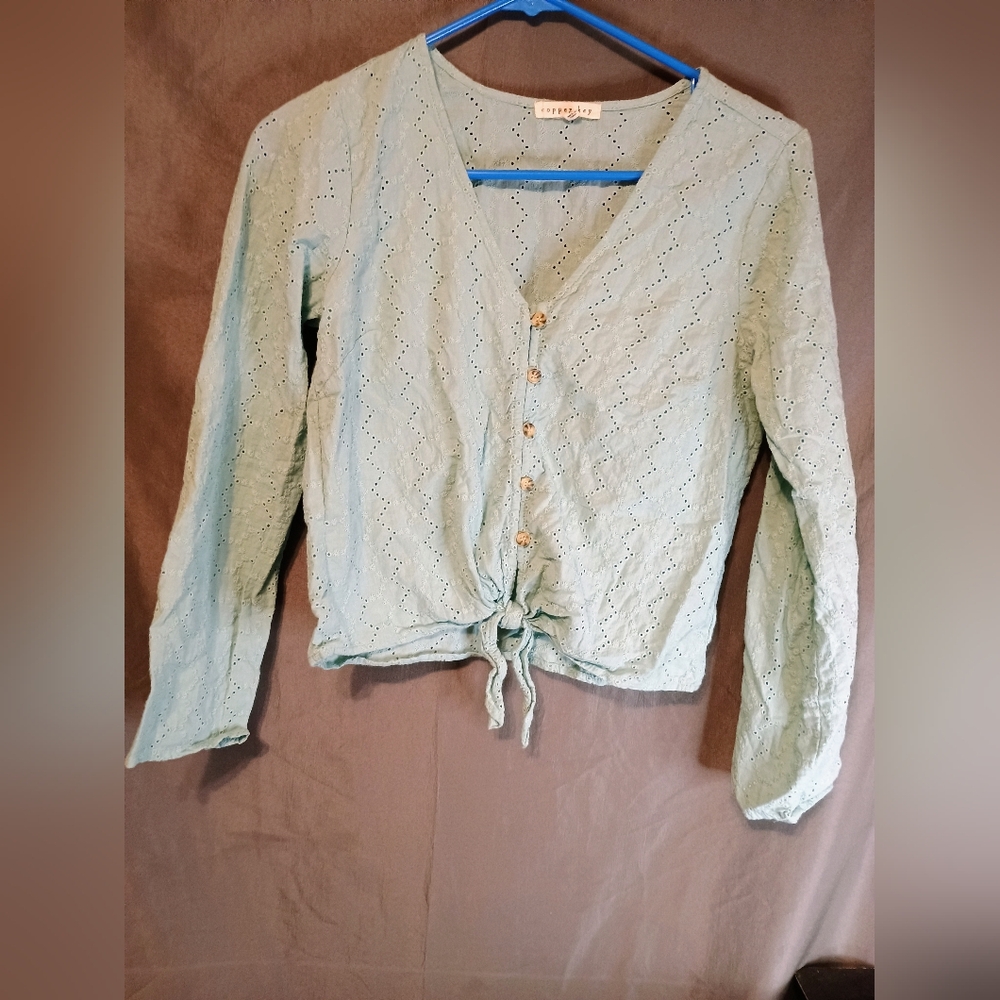 Copper Key Green Buttoned Tie Front Blouse